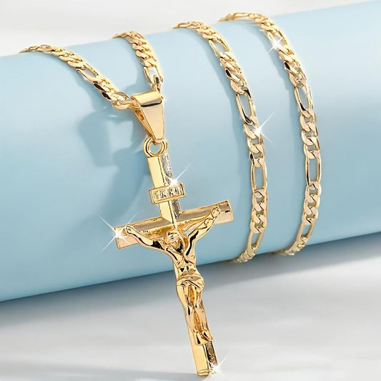 ✝️ Gold Crucifix Necklace – Detailed INRI Motif, Adjustable Figaro Chain & Hypoallergenic Finish 💛