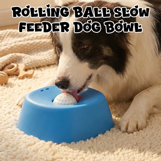 Anti-gulping bowl for dogs with rolling ball