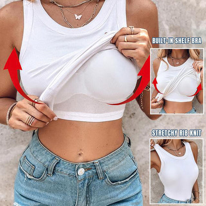 🥳2026 HOT SALE🥳💞50K+ SOLD!🎽💕 50% OFF! Round Neck Built-in Bra Tank – Stretchy ribbed knit, wrinkle-resistant. Conceals underarm fat, enhances curves. Built-in shelf bra for light support. Perfect for daily or workout. 🌸✨