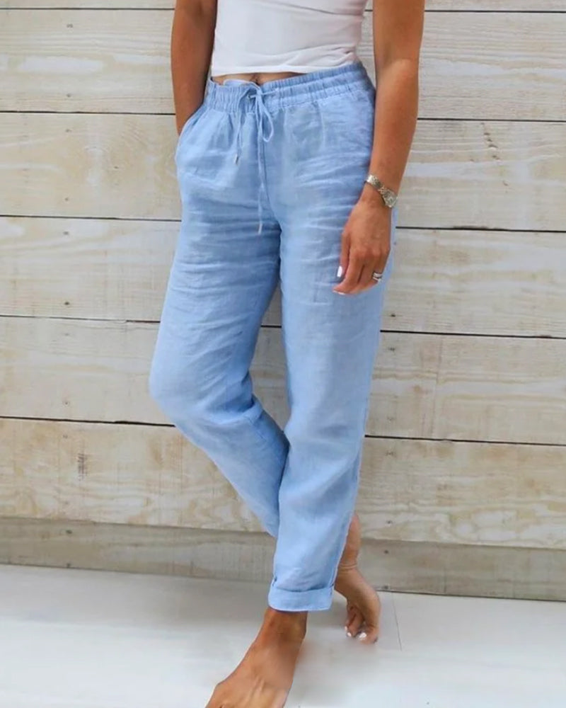 Women's blue cotton-linen wide-leg pants