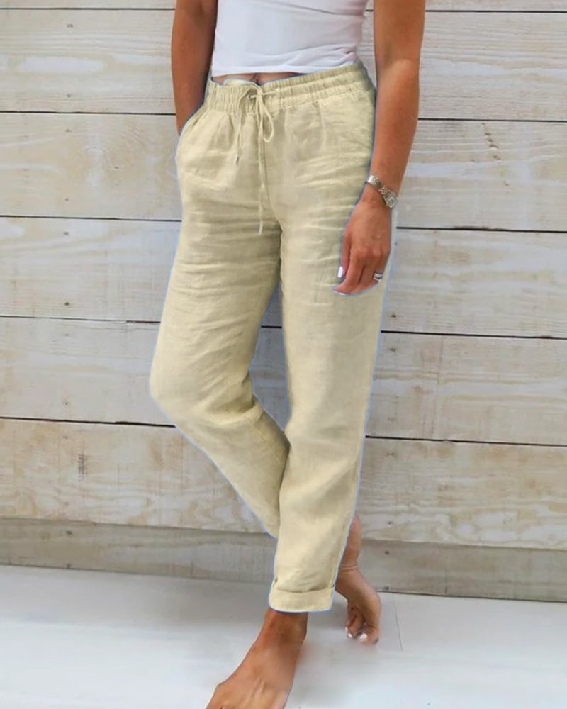 Women's khaki cotton-linen wide-leg pants