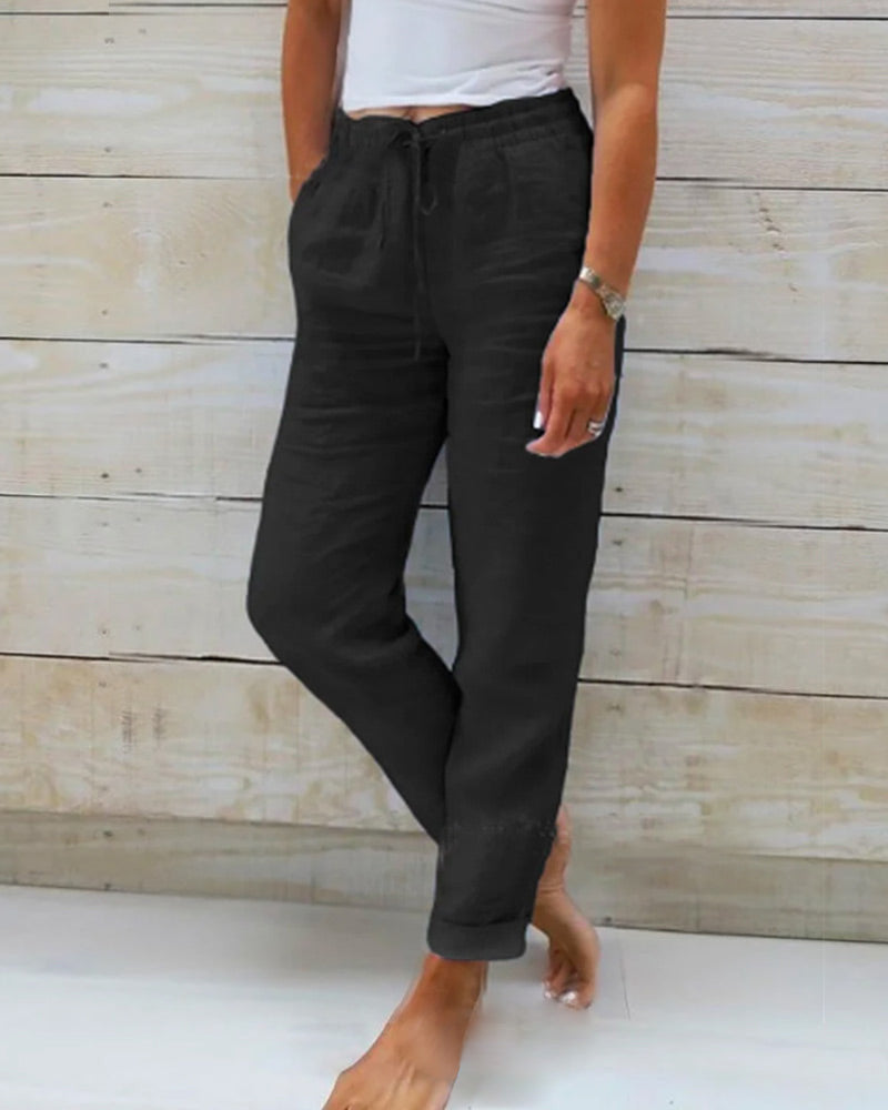 Women's black cotton-linen wide-leg pants