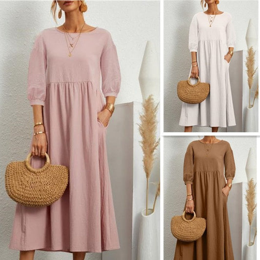 Women's Lantern Sleeve Cotton And Linen Summer Dress